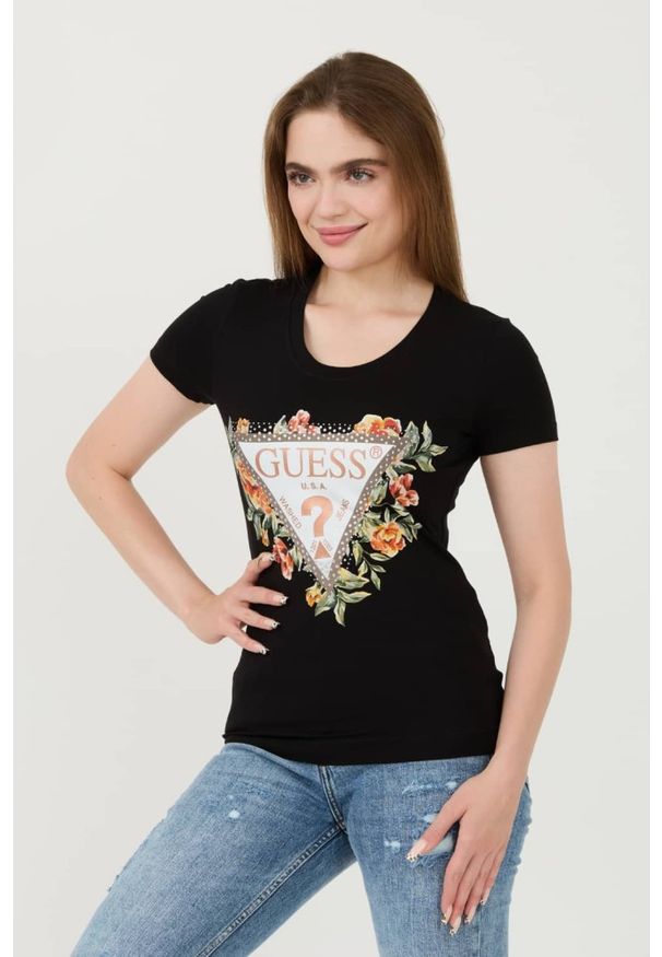 Guess - GUESS Czarny t-shirt Triangle Flowers. Kolor: czarny