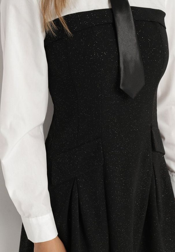 Born2be - Czarna Elegancka Sukienka o Koszulowym Kroju z Krawatem Imitacją Kieszeni i Brokatem Enarin. Okazja: do pracy. Kolor: czarny. Materiał: skóra. Wzór: aplikacja. Typ sukienki: koszulowe. Styl: elegancki