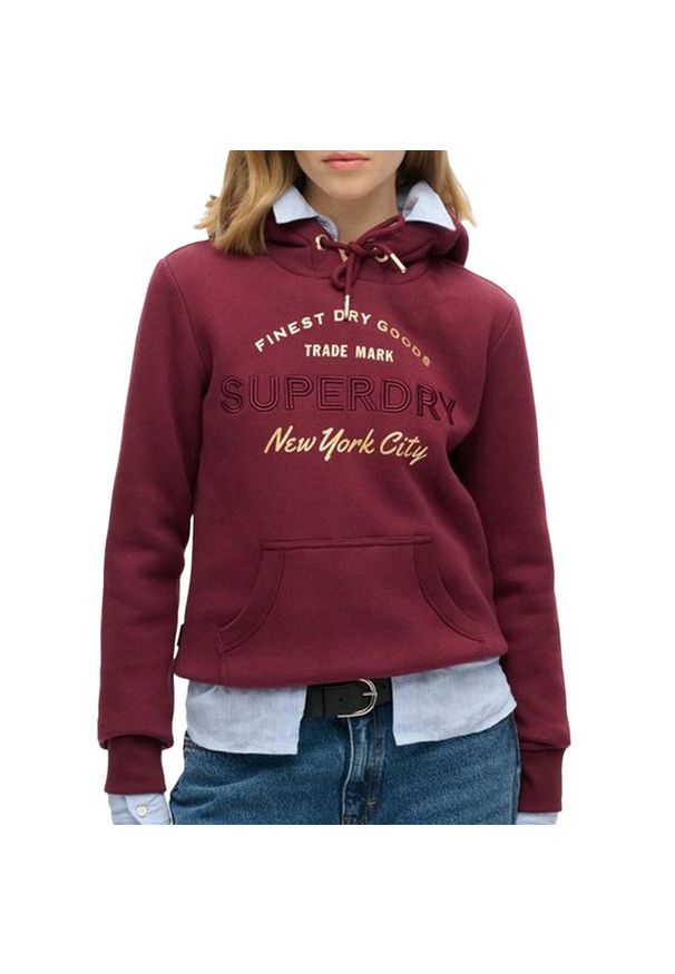 Damska bluza z kapturem z metalicznym logo Superdry Luxe. Typ kołnierza: kaptur. Kolor: czerwony, fioletowy, wielokolorowy, brązowy. Materiał: skóra