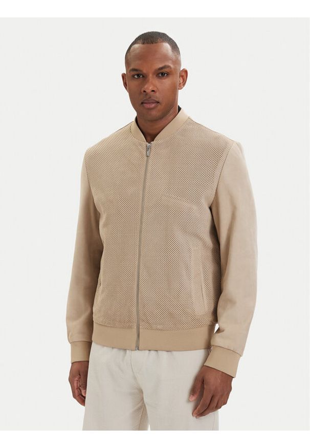 Karl Lagerfeld - KARL LAGERFELD Kurtka skórzana 555011 562411 Beżowy Regular Fit. Typ kołnierza: dekolt w karo. Kolor: beżowy. Materiał: skóra