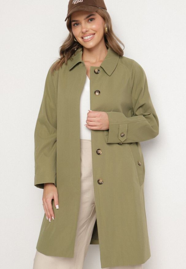 Born2be - Zielony Płaszcz Jednorzędowy z Kołnierzykiem Ronisse. Okazja: na co dzień. Kolor: zielony. Materiał: jeans. Styl: klasyczny, elegancki, casual