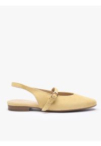 Ryłko - Jasnożółte czółenka slingback bez pięty ze skóry welurowej. Okazja: na co dzień. Nosek buta: okrągły. Zapięcie: sprzączka. Kolor: żółty. Materiał: skóra, welur. Szerokość cholewki: normalna. Styl: casual, street #1