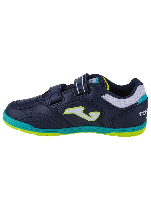 Buty do piłki nożnej dla dzieci Joma Top Flex Jr IN. Zapięcie: rzepy. Kolor: żółty, wielokolorowy, niebieski. Materiał: materiał, skóra, syntetyk. Szerokość cholewki: normalna. Sport: piłka nożna
