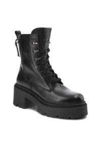 Czarne Botki Nessi Skórzane Buty Damskie. Zapięcie: sznurówki. Kolor: czarny. Materiał: skóra. Styl: elegancki