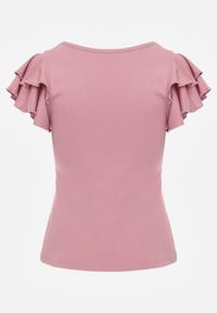 Born2be - Różowa Bawełniana Bluzka o Prostym Kroju z Krótkim Rękawem z Falbanek Himoni. Okazja: do pracy, na co dzień. Typ kołnierza: kołnierz z falbankami. Kolor: różowy. Materiał: bawełna. Długość rękawa: krótki rękaw. Długość: krótkie. Styl: elegancki, klasyczny, casual #5
