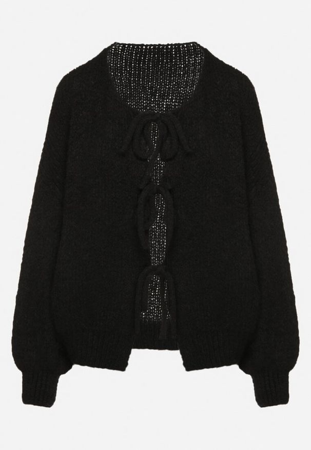 Born2be - Czarny Kardigan Oversize z Wełną Zdobiony Kokardkami Eleathalie. Okazja: na co dzień. Typ kołnierza: kokarda. Kolor: czarny. Materiał: wełna. Wzór: aplikacja. Styl: casual, elegancki