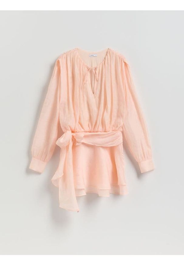 Reserved - Sukienka mini - brzoskwiniowy. Kolor: pomarańczowy. Materiał: tkanina. Wzór: gładki. Styl: klasyczny. Długość: mini