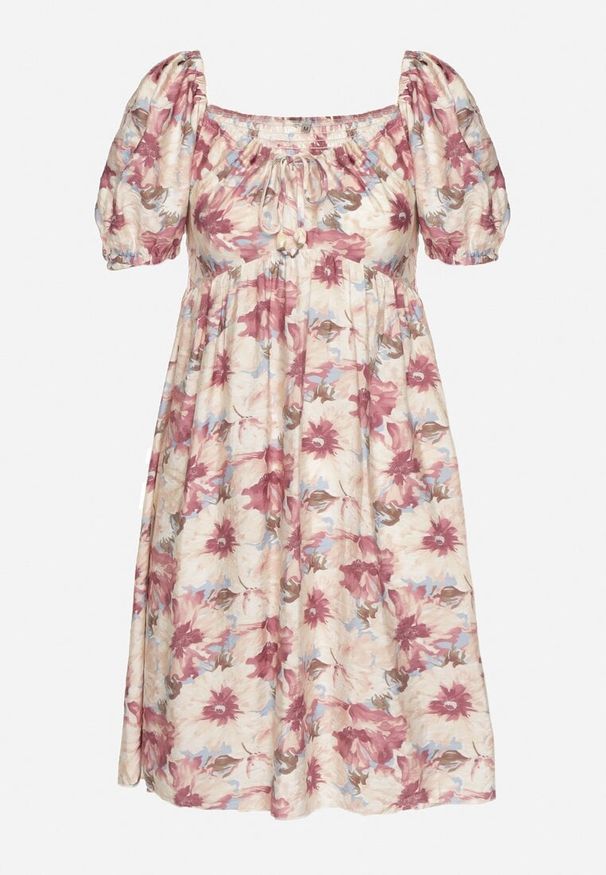 Born2be - Różowa Sukienka z Bufiastymi Rękawami i Wiązaniem przy Dekolcie z Gumką na Plecach Vikninna. Okazja: na co dzień, na randkę. Kolor: różowy. Materiał: jeans. Wzór: kwiaty, aplikacja. Sezon: lato. Styl: casual