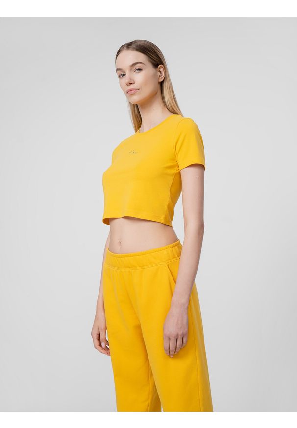 4f - T-shirt crop top gładki damski. Kolor: żółty. Materiał: bawełna, dzianina. Wzór: gładki