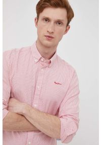 Pepe Jeans koszula PENZANCE D męska kolor różowy slim z kołnierzykiem button-down. Typ kołnierza: button down. Kolor: różowy. Materiał: tkanina