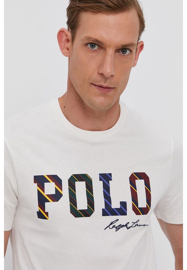 Polo Ralph Lauren - T-shirt bawełniany. Okazja: na co dzień. Typ kołnierza: polo. Kolor: beżowy. Materiał: bawełna. Wzór: nadruk. Styl: casual