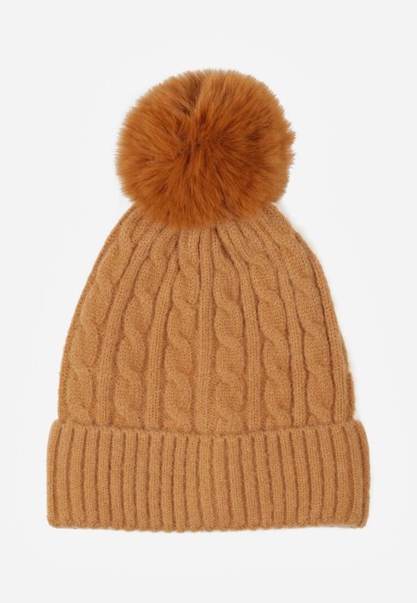 Born2be - Brązowa Czapka w Warkoczowy Splot z Pomponem Vetisare. Kolor: brązowy. Materiał: dzianina, jeans. Wzór: ze splotem