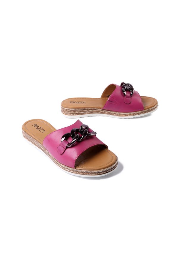 Piazza - PIAZZA 900159-43 pink, klapki damskie. Kolor: różowy. Materiał: skóra. Wzór: aplikacja. Obcas: na płaskiej podeszwie
