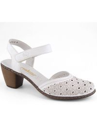 Skórzane komfortowe sandały damskie na obcasie białe Rieker 40991-80. Kolor: biały. Materiał: skóra. Obcas: na obcasie. Wysokość obcasa: średni #2