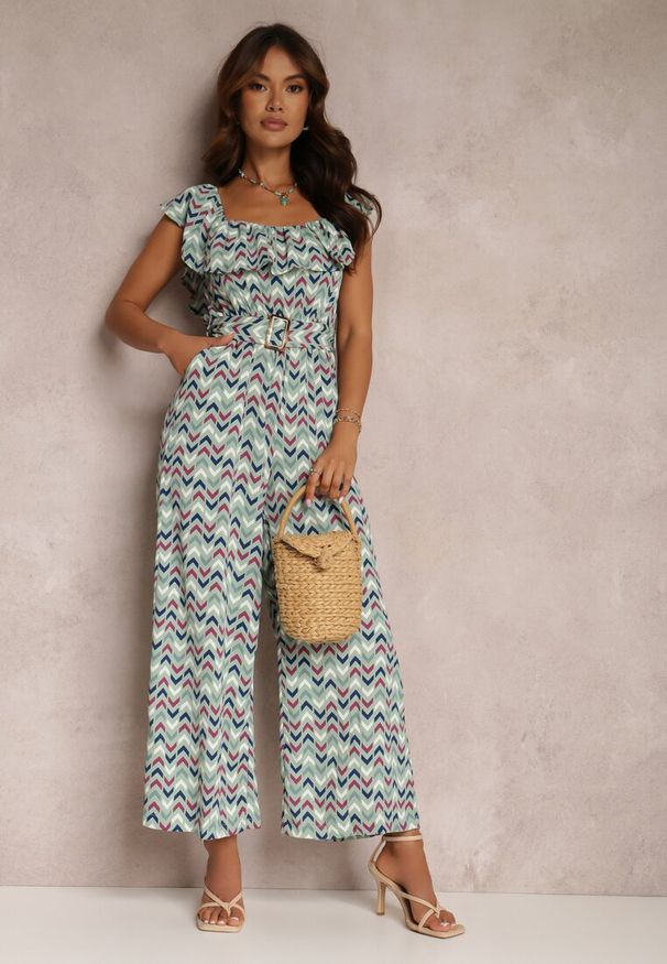 Renee - Miętowy Kombinezon Ameline. Kolor: miętowy. Materiał: tkanina, materiał. Długość: długie. Wzór: aplikacja, geometria. Sezon: lato