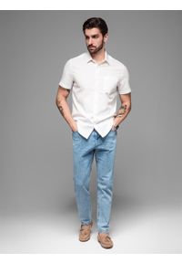 Ombre Clothing - Męska koszula z lnu i bawełny z krótkim rękawem i kieszonką – złamana biel V1 OM-SHSS-0167 - XXL. Materiał: bawełna, len. Długość rękawa: krótki rękaw. Długość: krótkie. Sezon: lato
