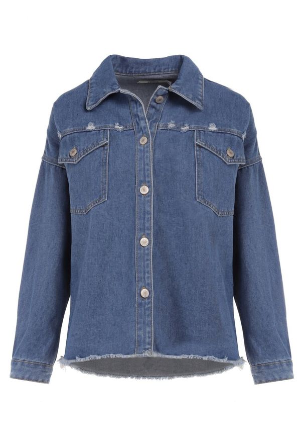 Born2be - Niebieska Kurtka Jeansowa Irereia. Kolekcja: plus size. Kolor: niebieski. Materiał: jeans. Długość rękawa: długi rękaw. Długość: długie. Wzór: aplikacja. Styl: klasyczny