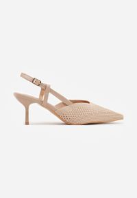 Born2be - Beżowe Czółenka na Szpilce z Odkrytą Piętą i Ażurową Cholewką Erifera. Okazja: na co dzień. Zapięcie: sprzączka. Kolor: beżowy. Materiał: jeans. Szerokość cholewki: normalna. Wzór: ażurowy. Obcas: na szpilce. Styl: casual, elegancki, klasyczny #9