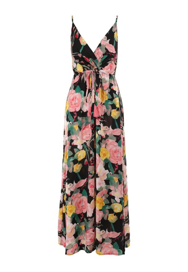 Born2be - Czarna Sukienka Caeede. Kolor: czarny. Długość rękawa: na ramiączkach. Wzór: kolorowy, aplikacja. Sezon: lato. Typ sukienki: kopertowe. Styl: wizytowy. Długość: maxi