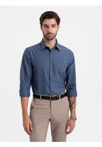 Ombre Clothing - Bawełniana męska koszula z kieszenią REGULAR FIT - niebieska V3 - Rozmiar: S. Typ kołnierza: kołnierzyk klasyczny. Kolor: niebieski. Materiał: bawełna. Długość rękawa: długi rękaw. Długość: długie. Styl: klasyczny