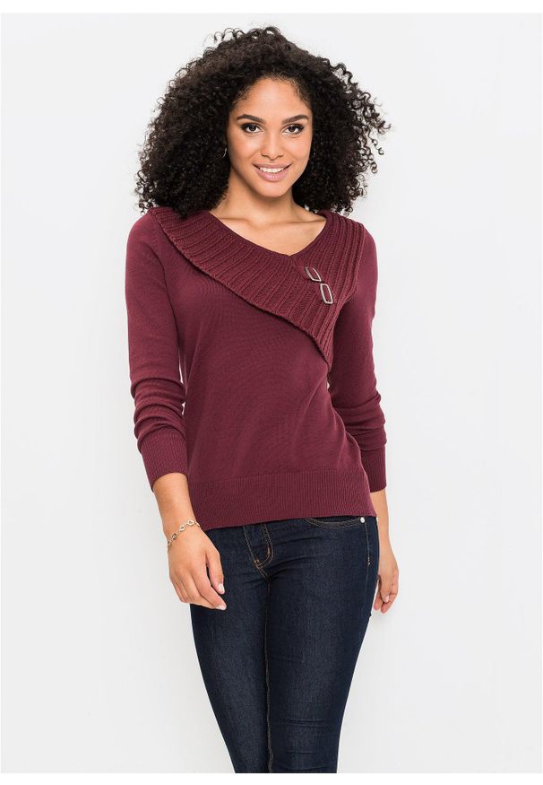 bonprix - Cienki sweter z bawełną. Kolor: czerwony. Materiał: dzianina, bawełna. Wzór: gładki, ze splotem