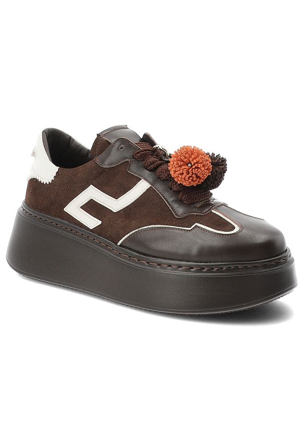 Sneakersy damskie Karino, ze skóry naturalnej licowej z zamszowymi panelami i kontrastowymi wstawkami na boku wiązanie na grubszych sznurowadłach, br. Okazja: na co dzień. Kolor: brązowy. Materiał: zamsz, skóra. Wzór: aplikacja. Obcas: na platformie. Styl: casual