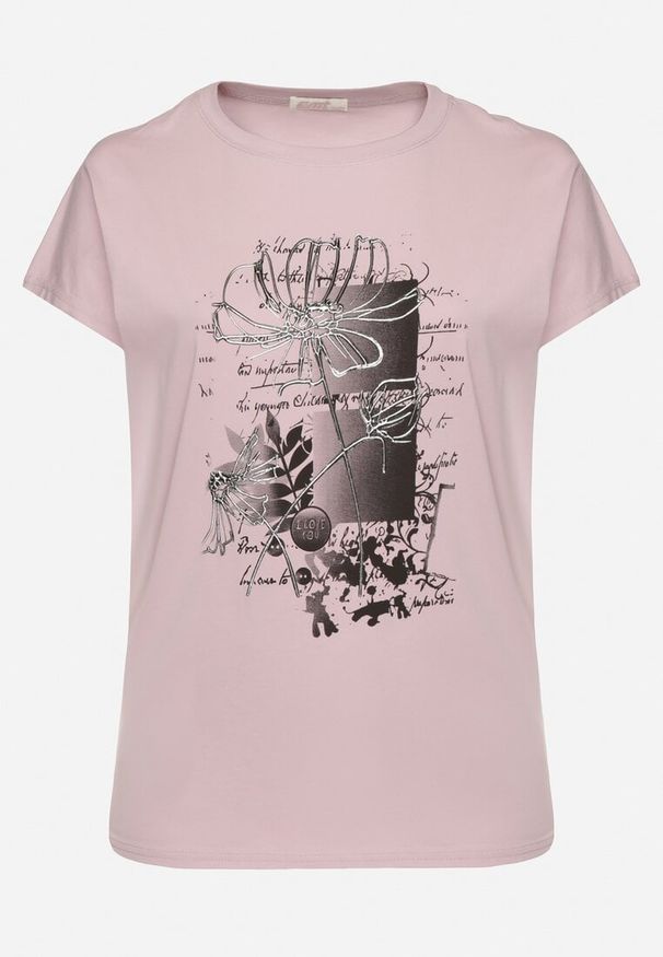 Born2be - Jasnofioletowy Bawełniany T-shirt z Metalicznym Nadrukiem Farilna. Okazja: na co dzień. Kolor: fioletowy. Materiał: bawełna. Wzór: nadruk. Styl: casual