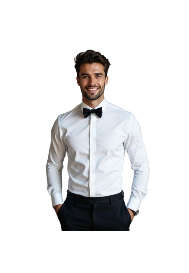 Modini - Biała elastyczna koszula na spinki z plisą kryjącą guziki MODINI DD50. Kolor: biały. Materiał: tkanina, bawełna, elastan. Styl: klasyczny