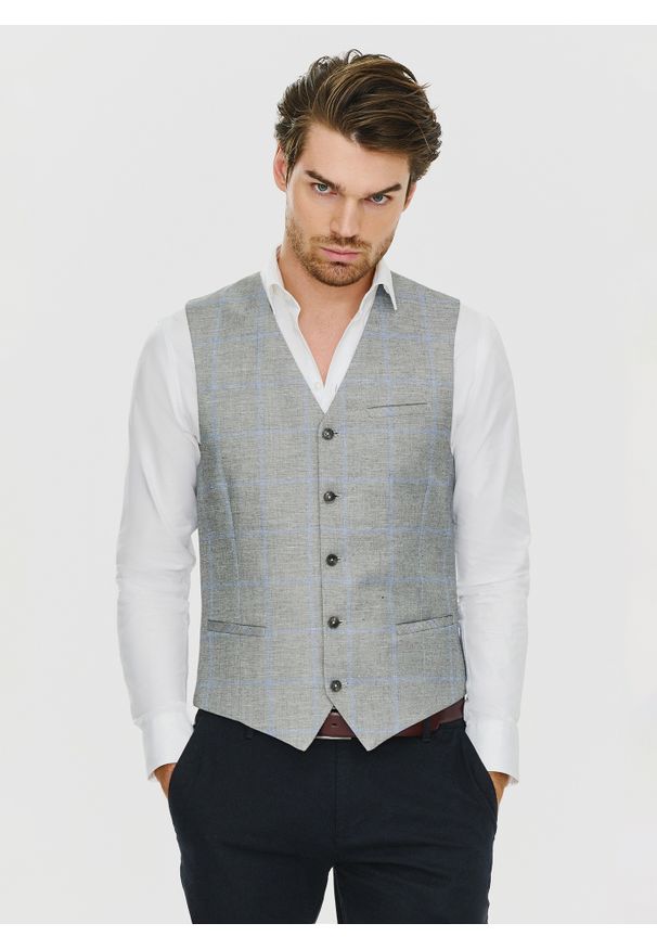 Pako Lorente - PAKO LORENTE – Męska szara kamizelka w kratę. Kolor: szary
