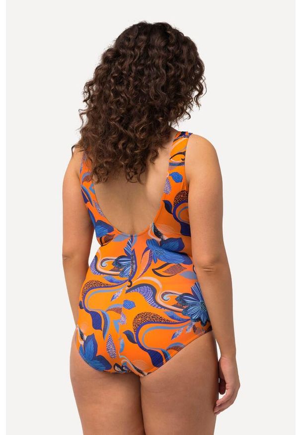ULLA POPKEN - Damski Kostium kąpielowy kwiaty ozdobne tasiemki miękkie miseczki. Kolekcja: plus size. Kolor: pomarańczowy. Materiał: poliamid, poliester, materiał, elastan. Wzór: kwiaty