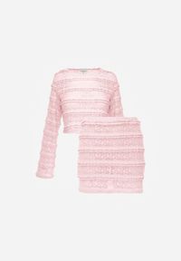 Born2be - Różowy Koronkowy Komplet Bluzka z Długim Rękawem i Spódnico-Spodenki Lupeiros. Kolor: różowy. Materiał: koronka #3