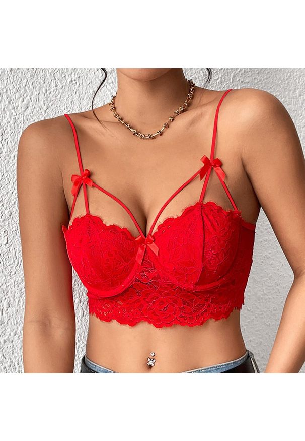 Intica - Biustonosz koronkowy bez fiszbin z kokardkami Hayriye. Kolor: czerwony. Materiał: koronka. Wzór: koronka