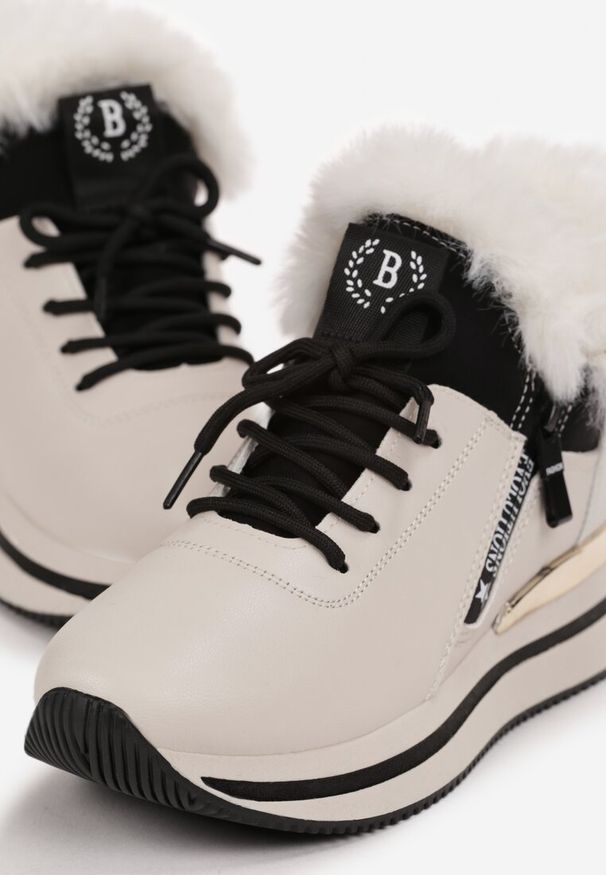 Born2be - Beżowe Botki Sneakersy na Grubej Podeszwie z Futerkiem Biqilee. Kolor: beżowy. Materiał: futro