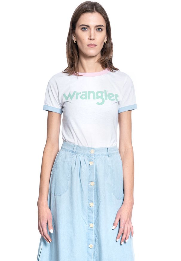 Wrangler - WRANGLER RINGER TEE REAL WHITE W7N0EVXW1. Wzór: kolorowy, nadruk