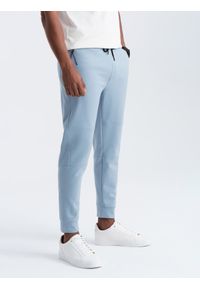 Ombre Clothing - Spodnie męskie dresowe joggery na gumce z przeszyciami – jasnoniebieskie V2. Kolor: niebieski. Materiał: dresówka. Wzór: aplikacja #4