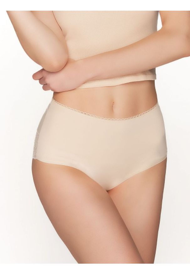 Figi Model BBL 155 Beige - Babell. Stan: podwyższony. Materiał: bawełna, koronka, elastan. Wzór: gładki, kwiaty, koronka