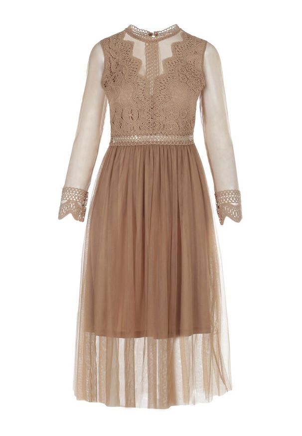 Born2be - Ciemnobeżowa Sukienka Describi. Kolor: beżowy. Materiał: tiul, koronka. Długość rękawa: długi rękaw. Wzór: koronka, aplikacja. Styl: wizytowy, elegancki. Długość: midi