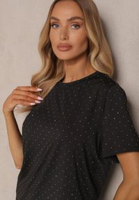 Renee - Czarny T-shirt z Wiskozą Ozdobiony Cyrkoniami Sanelisea. Okazja: na co dzień. Kolor: czarny. Materiał: wiskoza. Wzór: aplikacja. Sezon: lato, wiosna. Styl: casual