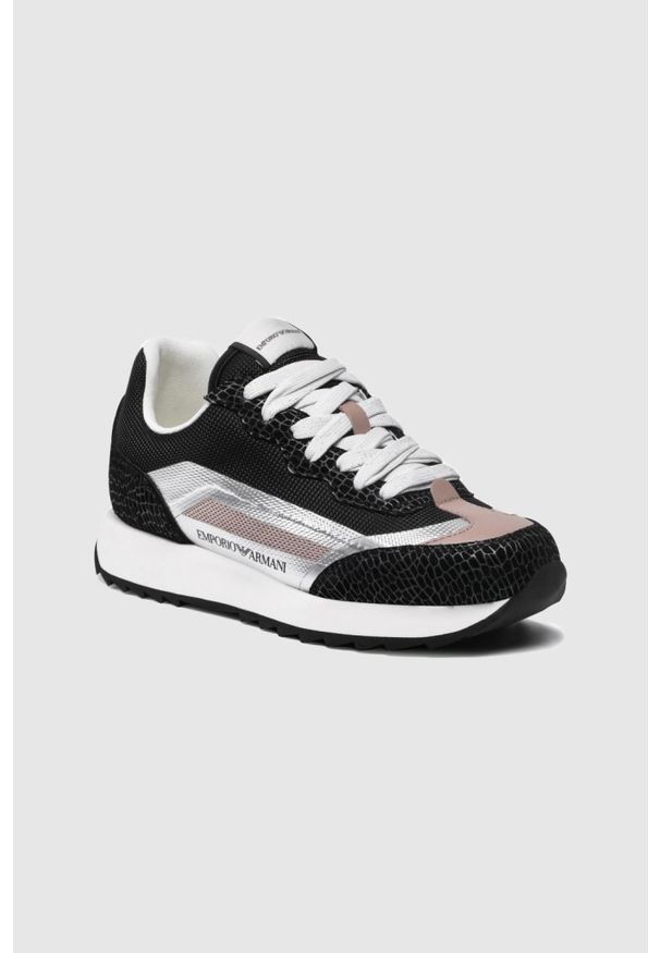 Emporio Armani - EMPORIO ARMANI Czarne sneakersy damskie ze srebrnymi elementami, Rozmiar 36. Kolor: czarny. Materiał: zamsz, skóra, materiał. Szerokość cholewki: normalna