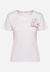 Born2be - Biały T-shirt Koszulka z Trójkątnym Dekoltem z Bawełny Ozdobiona Nadrukiem Elanoa. Okazja: na co dzień. Kolor: biały. Materiał: bawełna. Wzór: aplikacja, nadruk. Styl: elegancki, casual #5