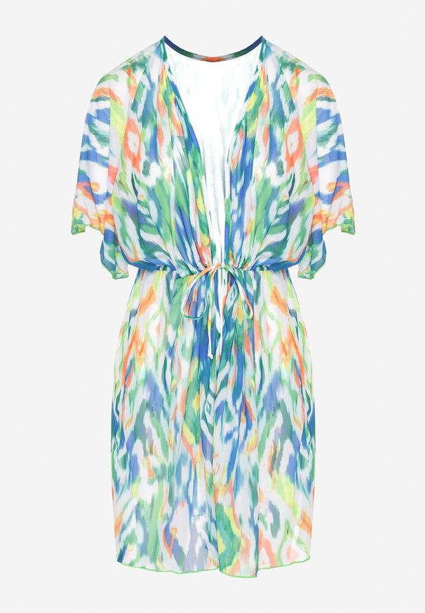 Renee - Zielona Siateczkowa Narzutka z Abstrakcyjnym Motywem Ozdobiona Wiązaniem Revoreia. Okazja: na co dzień. Kolor: zielony. Wzór: aplikacja. Styl: casual