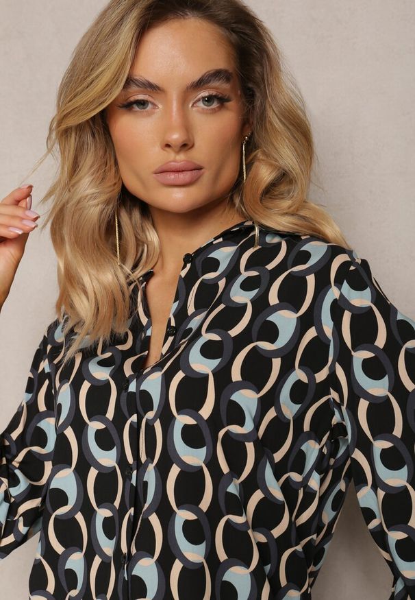 Renee - Czarno-Niebieska Koszula z Wiskozy i Bawełny z Łańcuszkowym Wzorem Natheia. Kolor: czarny. Materiał: bawełna, wiskoza. Wzór: aplikacja