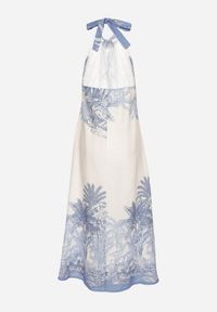 Born2be - Niebieska Sukienka z Wiskozą i Motywem Palm z Wiązaniem Izomara. Okazja: na spacer, na co dzień. Kolor: niebieski. Materiał: wiskoza. Sezon: lato. Styl: elegancki, casual #2