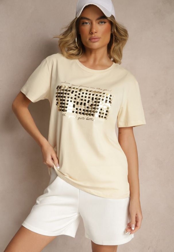 Renee - Beżowy T-shirt z Bawełny z Naszytymi Cekinami Avenelli. Okazja: na co dzień. Kolor: beżowy. Materiał: bawełna. Wzór: aplikacja. Styl: klasyczny, elegancki, casual