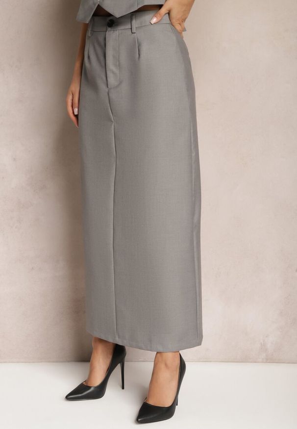 Renee - Ciemnoszara Maxi Spódnica o Trapezowym Kroju z Wycięciem na Tyle Reliti. Okazja: na co dzień. Kolor: szary. Styl: elegancki, wizytowy, casual