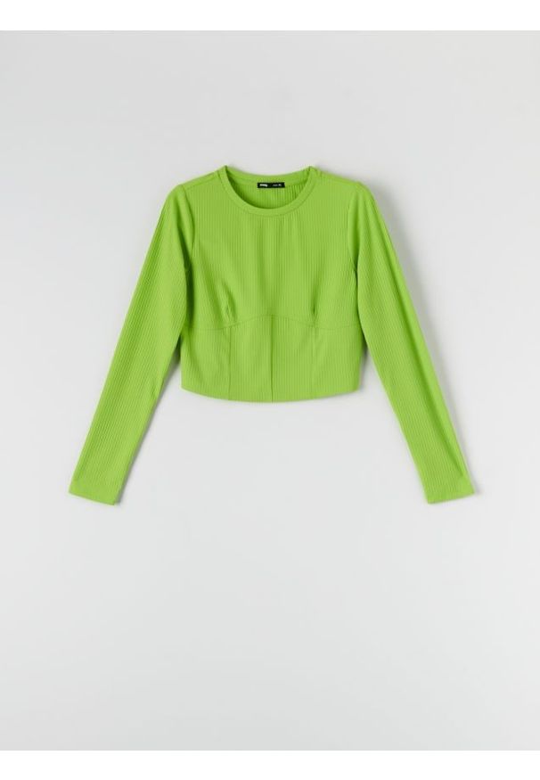 Sinsay - Crop top w prążki - zielony. Typ kołnierza: dekolt gorset. Kolor: zielony. Materiał: prążkowany. Wzór: prążki