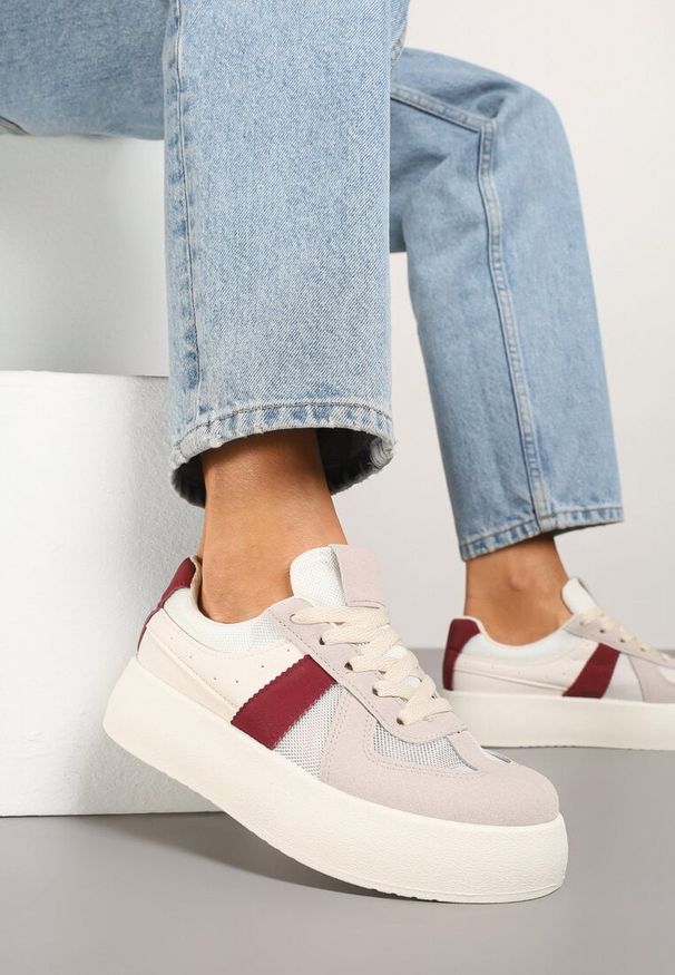 Born2be - Beżowo-Bordowe Sneakersy w Stylu Tenisówek na Platformie Nanirea. Okazja: na co dzień. Kolor: beżowy. Materiał: jeans. Obcas: na platformie