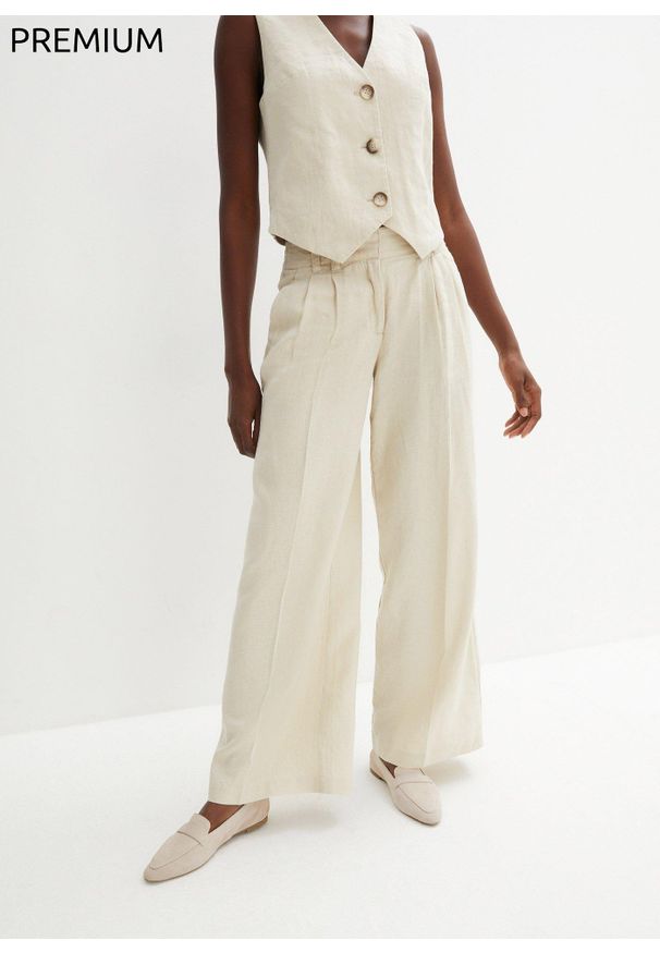 bonprix - Spodnie z zakładkami, z czystego lnu. Kolor: beżowy. Materiał: len. Sezon: lato. Styl: elegancki