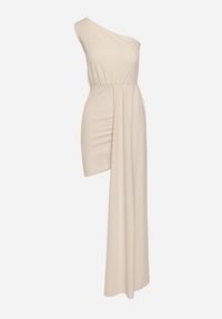 Born2be - Beżowa Wieczorowa Sukienka o Asymetrycznym Kroju na Jedno Ramię z Trenem z Boku Basalia. Okazja: na co dzień, na imprezę. Kolor: beżowy. Typ sukienki: asymetryczne. Styl: wizytowy #6