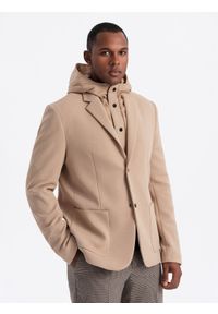 Ombre Clothing - Męska marynarka z podpinką z wysokim kołnierzem i kapturem – jasnobrązowa V1 - Rozmiar: S. Typ kołnierza: kaptur. Kolor: brązowy. Materiał: dzianina, poliester, materiał, syntetyk, elastan. Wzór: aplikacja, ze splotem. Styl: elegancki